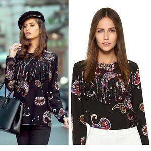 MSGM Silk Graphic Paisley Star Print Long Sleeve Fringe Trim Yoke Western Top M